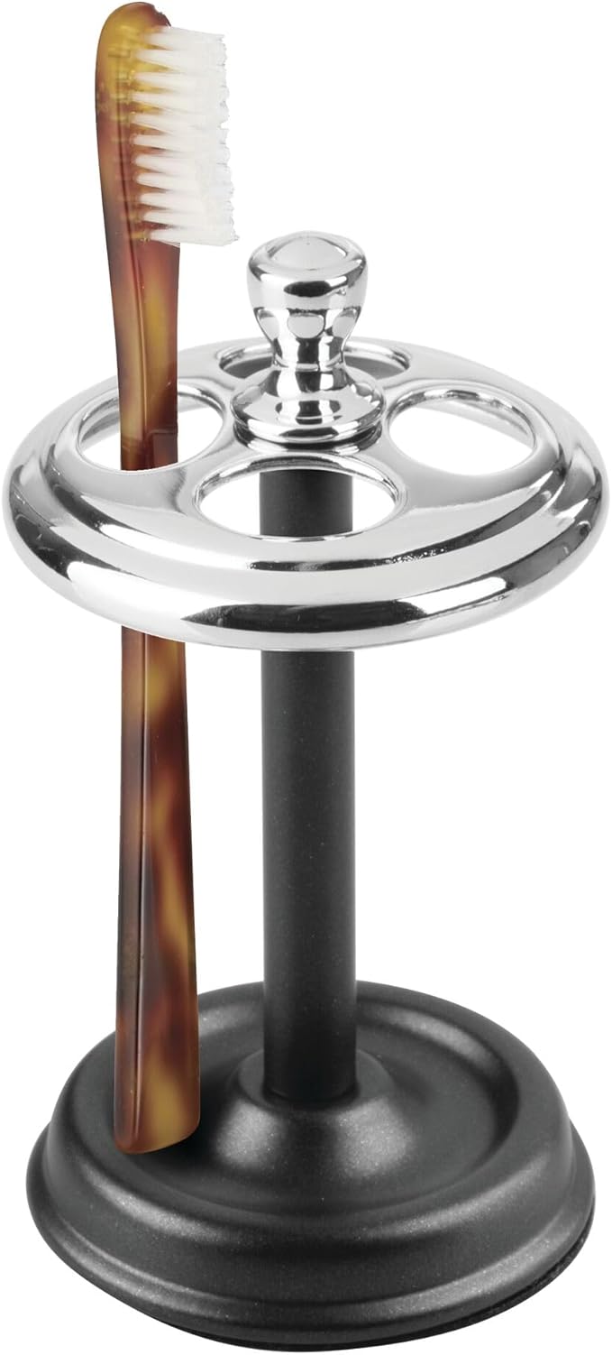 iDesign Toothbrush Holder with 4 Divided Sections for Bathroom or Vanity - Black/Chrome