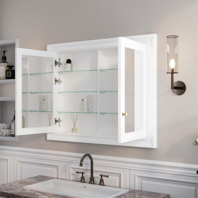 WELLFOR 40"x 32" Bathroom Medicine Cabinet with Dual Mirrors, Recessed Wood Medicine Cabinet with 3-Tier Adjustable Glass Shelves and Soft-Close Door
