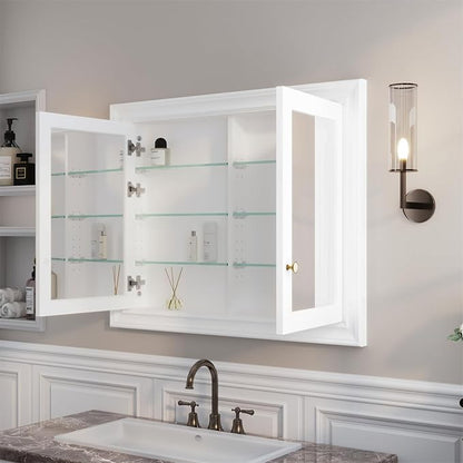 WELLFOR 40"x 32" Bathroom Medicine Cabinet with Dual Mirrors, Recessed Wood Medicine Cabinet with 3-Tier Adjustable Glass Shelves and Soft-Close Door