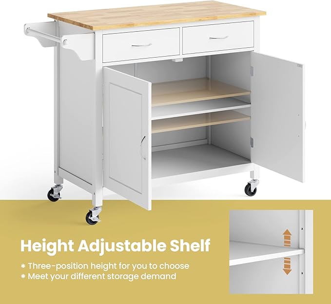 NAFORT Rolling Kitchen Island Cart on Wheels, Utility Trolley Cart Bar Serving Cart w/Rubber Wood Top, Handle Rack, Storage Cabinet and Drawers for Home Kitchen Dining Room, White