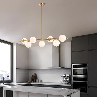 7 Lights Modern Sputnik Chandelier Globe White Glass Shade Brass Linear Mid Century Farmhouse Pendant Light Fixture for Kitchen Island Bedroom Dining Lighting (Gold)