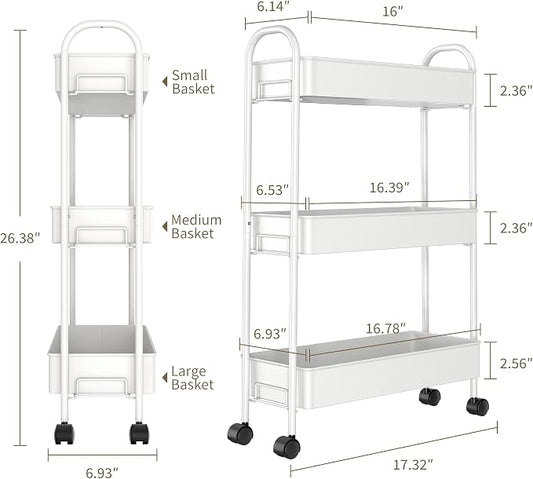 Slim Rolling Cart, Metal Frame Utility Rolling 3-Tier Narrow Storage Cart with Handle Kitchen Storage Organizer, Mobile Shelving Unit for Bathroom Kitchen