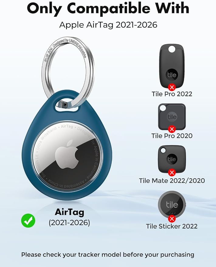UNBREAKcable Holder for Apple AirTag - 4 Pack [Fit Tightly Design] [Easy to Install] [Hold Air Tag Securely] Waterproof TPU Protective Case with 304 Stainless Steel Keychain Key Ring, Black+Blue