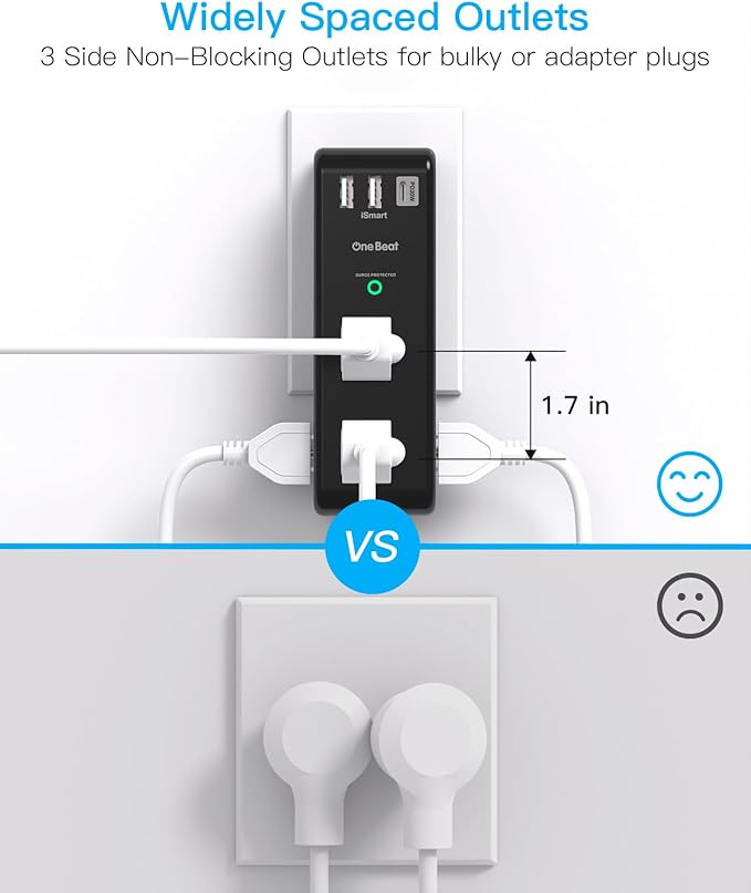 Surge Protector Outlet Extender, Rotating Plug, PD 20W, 6 AC Multi Plug Outlet with 3 USB Ports (2 USB C), 1800 Joules 3-Sided Swivel Power Strip with Spaced Outlet Splitter for Home Office Dorm - BK