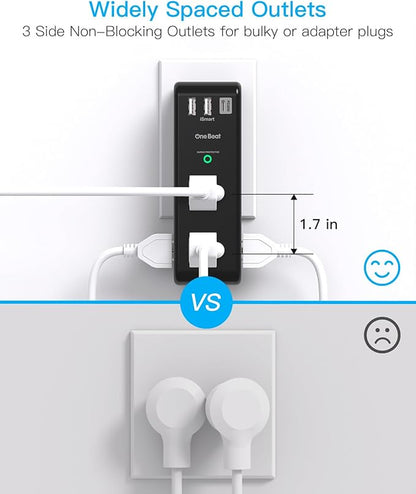 Surge Protector Outlet Extender, Rotating Plug, PD 20W, 6 AC Multi Plug Outlet with 3 USB Ports (2 USB C), 1800 Joules 3-Sided Swivel Power Strip with Spaced Outlet Splitter for Home Office Dorm - BK
