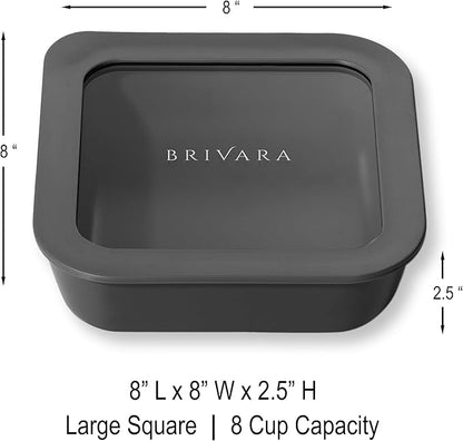 BRIVARA HOME Ceramic Coated Glass Food Storage Container | No PTFE, PFOA, PFAS, and BPA | Reusable Non Toxic Meal Prep Container with Glass Lid | Easy To Store | 8 Cup Square [Onyx]