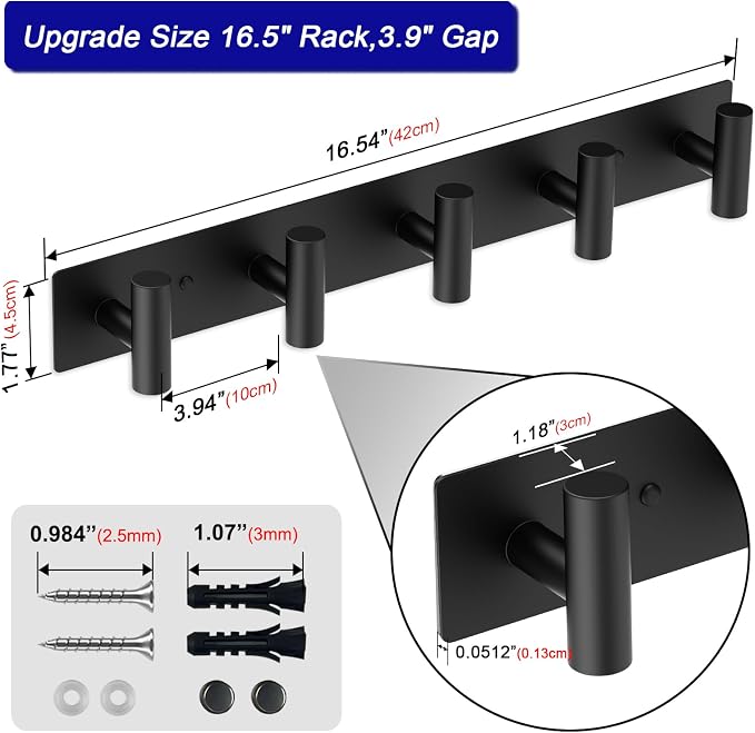 Bntuk Coat Rack Wall Mount - 5 Coat Hooks, Towel Racks for Bathroom Robes Bags Keys, Hat Rack Wall Towel Hooks Organizer Essential (Black)