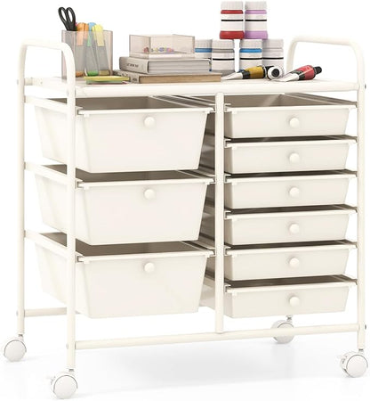 Giantex 9 Drawers Rolling Cart, Classroom Organizers, Storage Cart with Wheels, for Teacher Office Home School Supplies Tool Craft Art Paper, Ivory