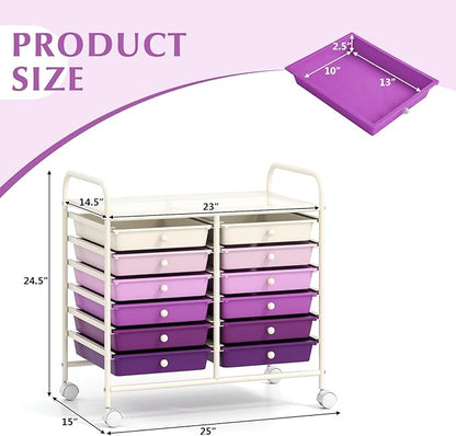 GOFLAME 12-Drawer Rolling Storage Cart, Multifunctional Art Craft Organizer Cart, Mobile Utility Storage Cart with Removable Drawers & Lockable Wheels, Craft Cart for Home Office, Purple Gradient