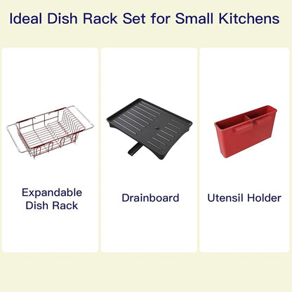 MAJALiS Red Dish Drying Rack Over Sink with Utensil Holder, Drainboard | Expandable Stainless Steel Dish Drainer for Small Kitchen, Apartment, RV, Counter Space Saving, Perfect Fit, Rustproof