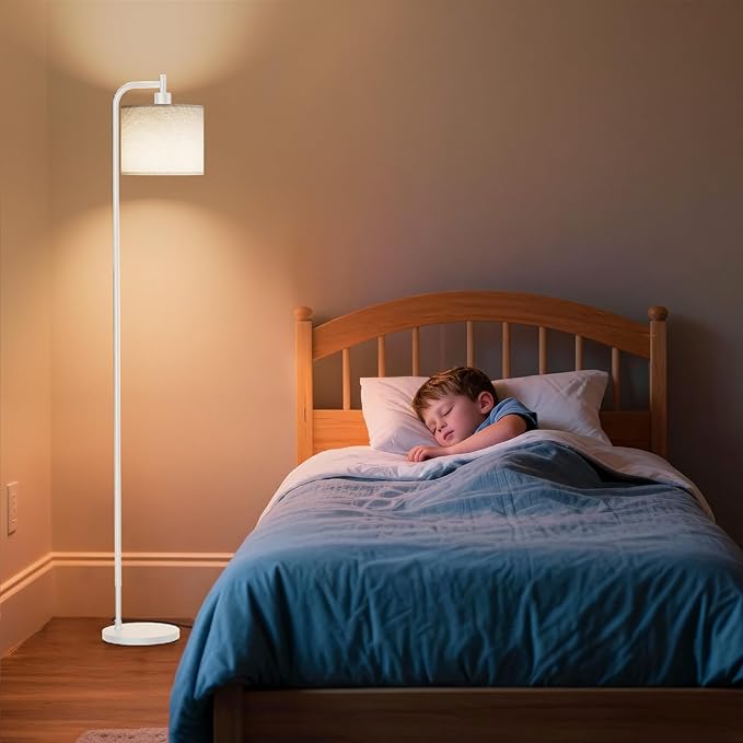 Floor Lamp with Linen Shade, Dimmable Tall Standing Lamp with Remote Control & 3 Color Temperatures, Modern Corner Floor Lamps for Living Room Bedroom Office, 9W LED Bulb Included