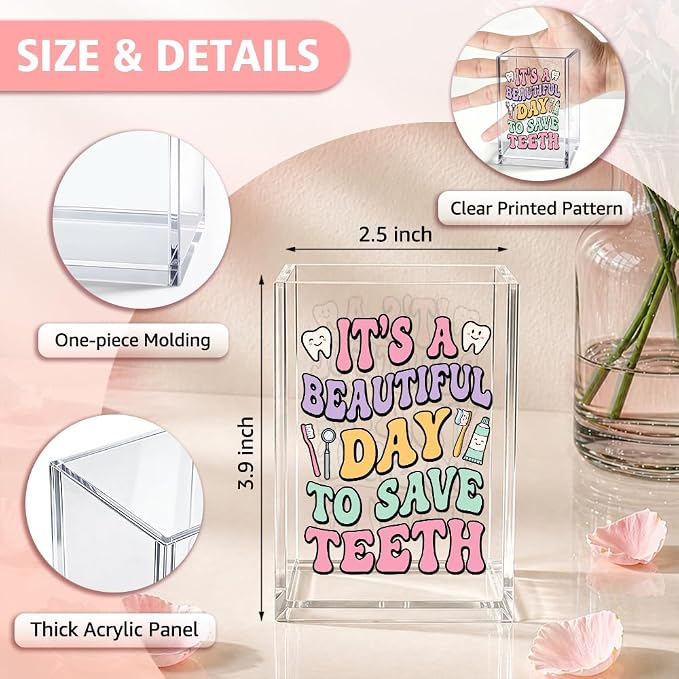 It's A Beautiful Day To Save Teeth Acrylic Pencil Holder Cup, Funny Tooth Pen Holder Cup for Dentist Dental Assistant Orthodontist, Appreciation Dentist Day Gifts, Dental Office Decor Organizer