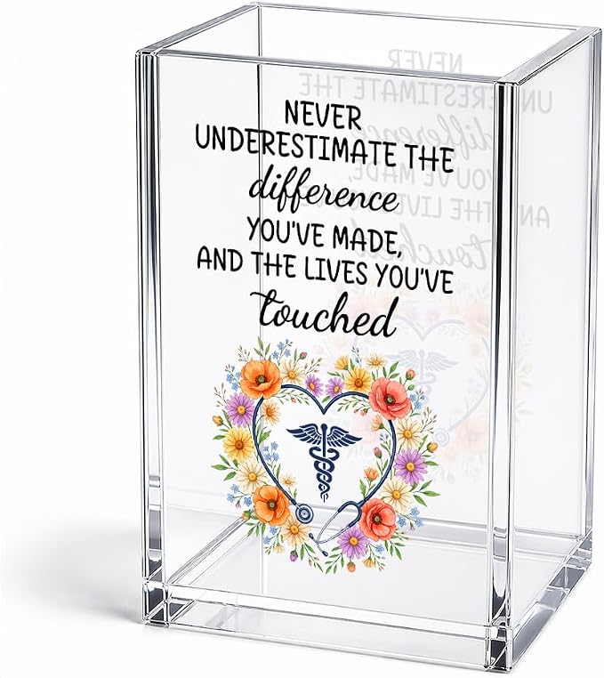 Never Underestimate The Difference You’ve Made Acrylic Pencil Holder Cup, Appreciation Gifts for Doctor Nurse, Funny Floral Bookmark Holder for National Doctors Day, Farewell Retirement Present