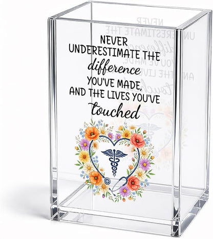 Never Underestimate The Difference You’ve Made Acrylic Pencil Holder Cup, Appreciation Gifts for Doctor Nurse, Funny Floral Bookmark Holder for National Doctors Day, Farewell Retirement Present