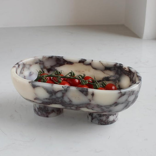 Nawgnail Natural Oval Calacatta Viola Marble Fruit Bowl for Kitchen Counter 10", Large Decorative Bowl Two-Legs for Home Decor, Fruits Holder For Dining Table - Kitchen Organization