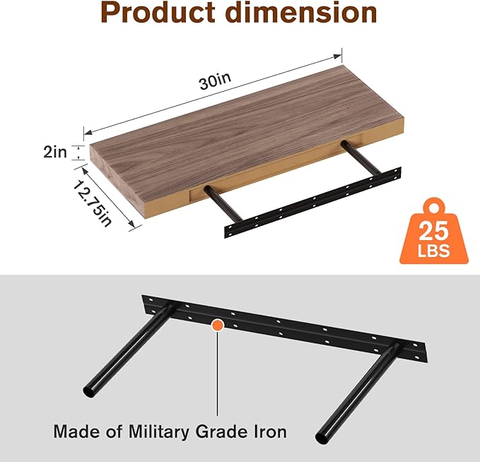 JPND Floating Shelf, Set of 3 Wall Shelf, 30 in W x 12.75 in D x 2 in H Wooden Floating Wall Shelf with Invisible Brackets for Living Room/Bedroom/Bathroom/Kitchen Storage and Decor, Walnut