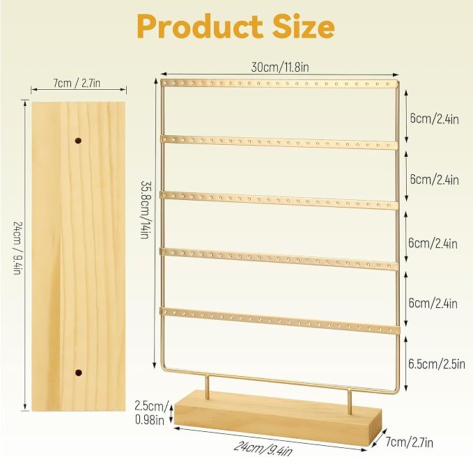 Earring Holder Organizer, 5-Tier Earring Organizer with 60-Pair Capacity, Wooden Base Metal Earring Display, Jewelry Storage & Display for Home Store, Suitable for Women