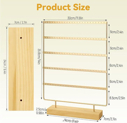 Earring Holder Organizer, 5-Tier Earring Organizer with 60-Pair Capacity, Wooden Base Metal Earring Display, Jewelry Storage & Display for Home Store, Suitable for Women