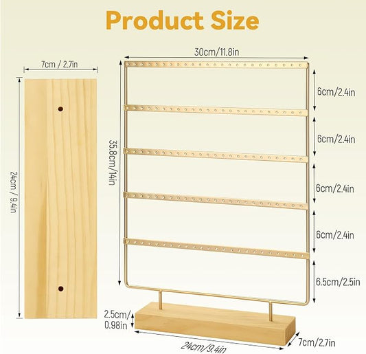 Earring Holder Organizer, 5-Tier Earring Organizer with 60-Pair Capacity, Wooden Base Metal Earring Display, Jewelry Storage & Display for Home Store, Suitable for Women
