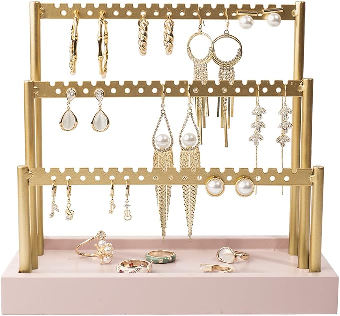 SANY DAYO HOME 3-Tier Earring Holder Organizer Stand, 105 Holes Gold Metal Earring Rack Jewelry Display Tree with Pink Wood Tray for Women and Girls