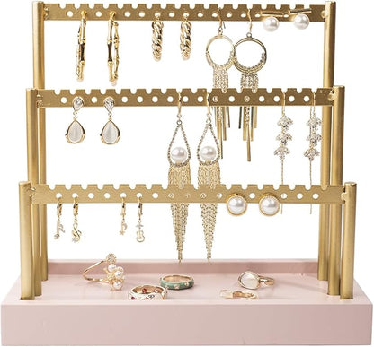 SANY DAYO HOME 3-Tier Earring Holder Organizer Stand, 105 Holes Gold Metal Earring Rack Jewelry Display Tree with Pink Wood Tray for Women and Girls