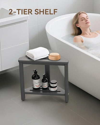 Shower Foot Rest 15in, HDPE Waterproof Shower Stool for Inside Shower, Corner Shower Stool for Shaving Legs with Storage Shelf for Small Space, Shower Step Stool, Plastic Corner Shower Bench, Grey