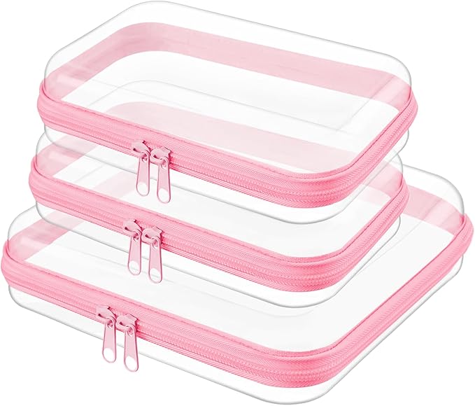 Topfinder Clear Hard Shell Zipper Case,Clear Toy Storage Pouch,Waterproof Transparent Organizer Cosmetic Case for Travel, Office, Home(Pink, M+2*S)