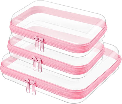 Topfinder Clear Hard Shell Zipper Case,Clear Toy Storage Pouch,Waterproof Transparent Organizer Cosmetic Case for Travel, Office, Home(Pink, M+2*S)