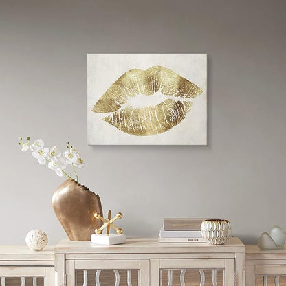 7CANVAS Gold Sexy Lips Wall Art Fashion Decor Vintage Lips Print Picture Stretched Wall Art For Bedroom Home Decor Ready to Hang 16x12Inch