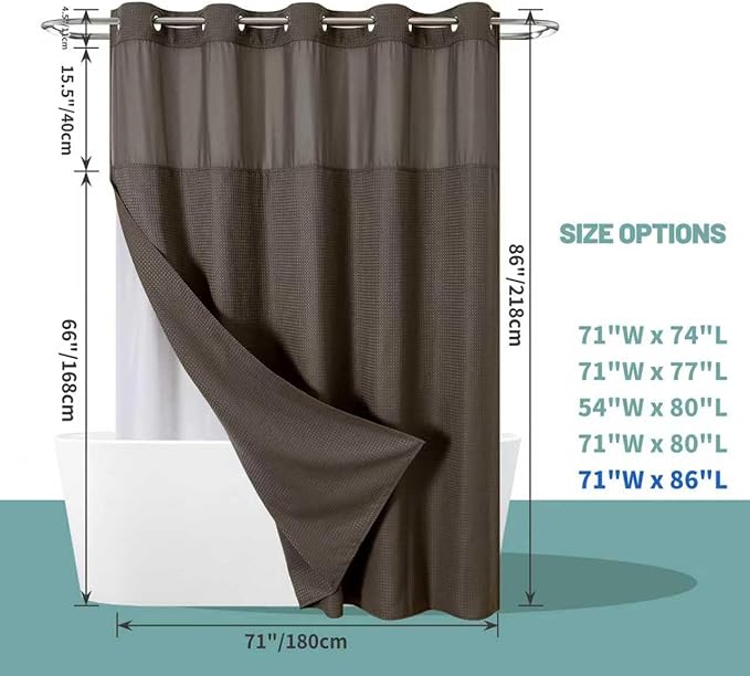 Brown Extra Long No Hook Waffle Weave Shower Curtain with snap-in Liner Replacement, 230GSM Waterproof Fabric Hotel Shower Curtain Set for Bathroom, Through Mesh Top Window,71Wx86H