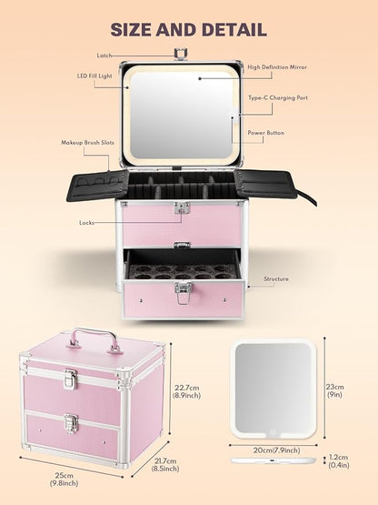 Qislee Makeup Box with Drawer and A Detachable Lighted Mirror, Waterproof Travel Train Case, Cosmetic Organizer and Makeup Suitcase with Adjustable Dividers, Magnetic LED Mirror (ICY Pink)