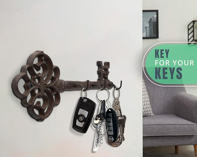 Comfify Cast Iron Skeleton Key Holder for Wall - Decorative Farmhouse Rustic Wall Mount Key Organizer - 3 Key Hooks - Vintage Key Rack for Entryway with Screws & Anchors – 10.8 x 4.7 - Brown