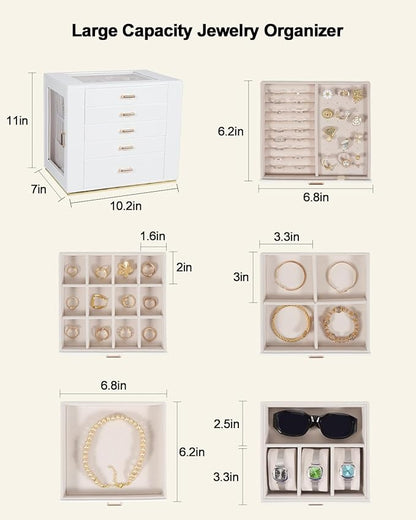 GUOER Jewelry Box 5 Layer for Women, Glass Lid Jewelry Organizer with 5 Drawers for Necklaces Rings Earrings Bracelets, Functional PU Leather Jewelry Storage Case Holder (White)