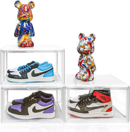 1 Pack Shoe Display Case Plastic Shoe Storage Box with Magnetic Acrylic Door Size 12.5, Transparent Sneaker Boxes Shoe Rack Substitute Closet Organizers Storage Bins, Easy Assembly