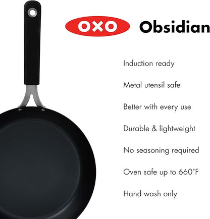 OXO Obsidian Pre-Seasoned Carbon Steel, 10" Frying Pan Skillet with Removable Silicone Handle Holder, Induction, Oven Safe, Black
