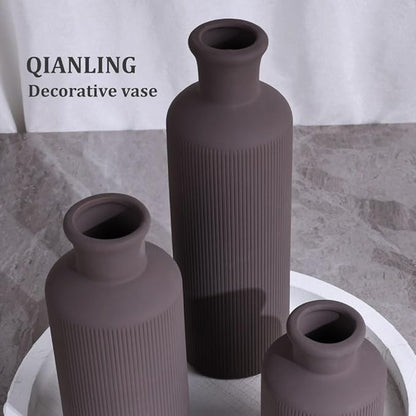Brown Ceramic Vases Set - 3 Brown Small Vase, Farmhouse Country Vases Home Decor, Living Room Decoration, Table Decoration, Fireplace Decor, and Entrance Decorations Centerpieces