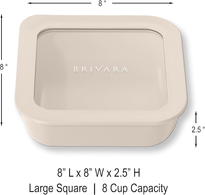 BRIVARA HOME Ceramic Coated Glass Food Storage Container | No PTFE, PFOA, PFAS, and BPA | Reusable Non Toxic Meal Prep Container with Glass Lid | Easy To Store | 8 Cup Square [Crema]
