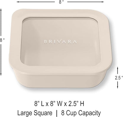 BRIVARA HOME Ceramic Coated Glass Food Storage Container | No PTFE, PFOA, PFAS, and BPA | Reusable Non Toxic Meal Prep Container with Glass Lid | Easy To Store | 8 Cup Square [Crema]
