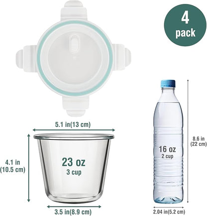 3 Cup Glass Meal Prep Containers With Turquoise Lids, Airtight 23oz glass Storage Container Set, Heat-Resistant BPA-Free for feeding the Southern Starter, Microwave, Dishwasher, Freezer Safe (4 Packs)