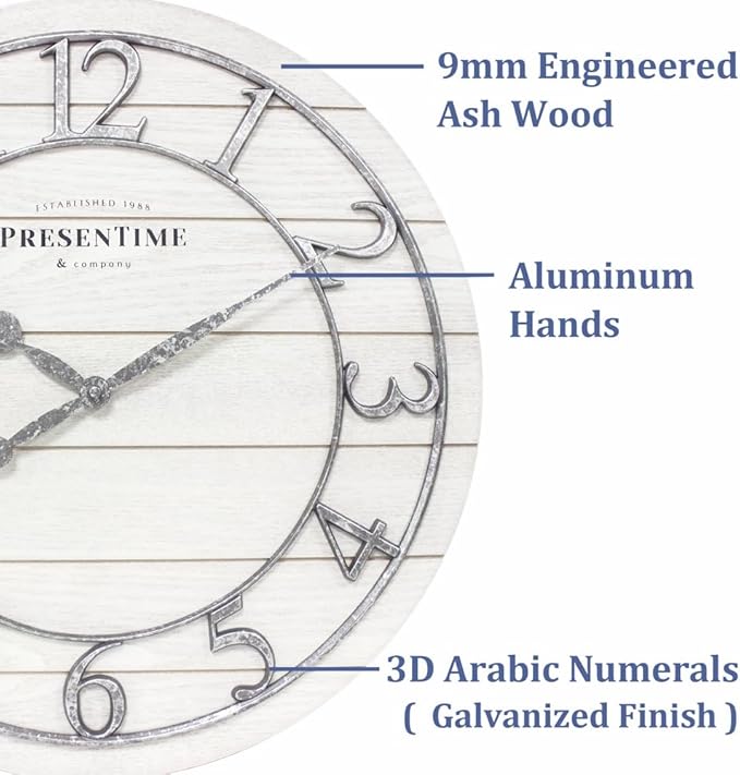 Presentime & Co Classic Farmhouse Shiplap Clock, 19.5 inch, Galvanized Finish Arabic Numerals with White Shiplap Style. Large Farmhouse Decor for Living Room, Entryway, Home Office. Wall Décor