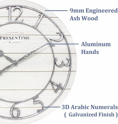 Presentime & Co Classic Farmhouse Shiplap Clock, 19.5 inch, Galvanized Finish Arabic Numerals with White Shiplap Style. Large Farmhouse Decor for Living Room, Entryway, Home Office. Wall Décor
