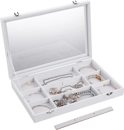 Frebeauty Velvet Jewelry Tray,12 Grid Jewelry Organizer with Clear Lid,Bracelets Holder,Jewelry Display Case with Clasp,Drawer Insert Bangle Brooch,13.8 x 9.5 x 2 Inches,Gift for Women Girls(White)
