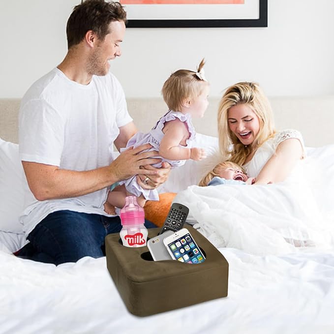 Couch Cup Holder Pillow Tray & Caddy - for Sofa, Bed, Car, Man Cave | Keep Drinks at Hand & Spill-Proof Accessories for New Parents, Camping, Park, Boat, Beach - Brown