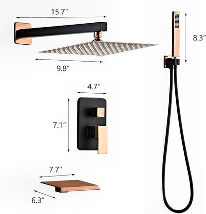 Rainfall Shower Faucet Set with Tub Spout 10 Inch, Shower Head and Handle with 2 Hooks, Rain Shower and Handheld Shower System Square Wall Mount for Bathroom