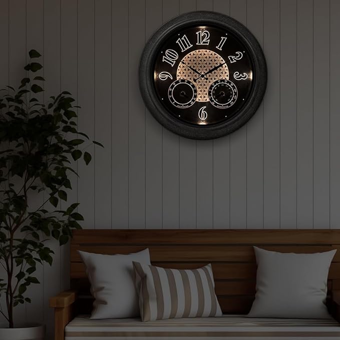 Presentime & Co. 18 Inch Illuminated Outdoor Clock, Waterproof Lighted Large Wall Clock with Thermometer & Hygrometer, Elegant & Vintage Home Decor for Garden, Patio, Pool, Grey Stone Finish