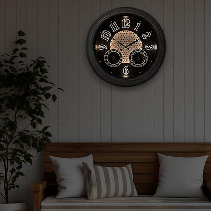 Presentime & Co. 18 Inch Illuminated Outdoor Clock, Waterproof Lighted Large Wall Clock with Thermometer & Hygrometer, Elegant & Vintage Home Decor for Garden, Patio, Pool, Grey Stone Finish