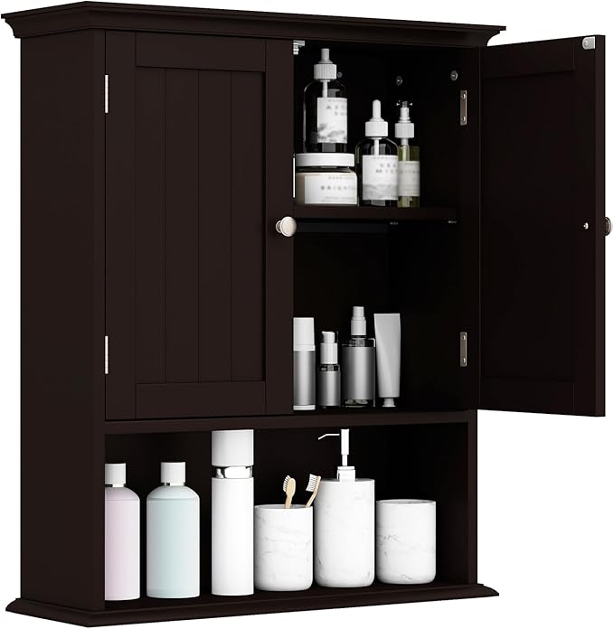 Giantex Wall Mounted Medicine Cabinets - Above Toilet Bathroom Cabinet with Adjustable Shelf, Open Shelf, Over The Toilet Space Saver Storage Cabinet for Laundry Room, Kitchen, Cupboard (Brown)