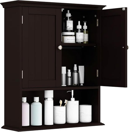 Giantex Wall Mounted Medicine Cabinets - Above Toilet Bathroom Cabinet with Adjustable Shelf, Open Shelf, Over The Toilet Space Saver Storage Cabinet for Laundry Room, Kitchen, Cupboard (Brown)