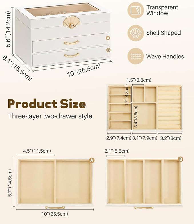 Jewelry Box with 2 Drawers: Display Organizer for Earrings Necklaces - Gift for Girls Women (White)