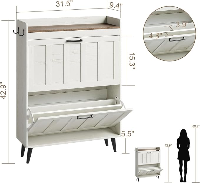 ChooChoo Shoe Storage Cabinet with 2 Flip Drawers, Farmhouse Shoe Organizer Storage for Entryway, Freestanding Hidden Slim Narrow Shoe Rack Cabinet, Antique White & Brown